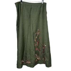 New Dialogue Women’s Linen Blend Long Skirt 1X Green Fall Embroidered